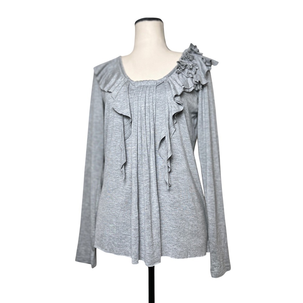Sundance Gray Ruffle Shirt Top Women M Stretch Viscose Jersey Boho Artsy Neutral